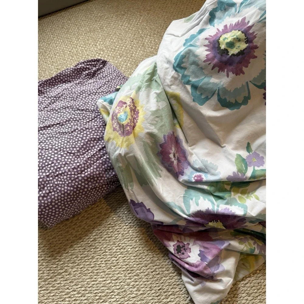 Pottery Barn Cotton Duvet Cover Fitted Sheet Full Queen Purple Floral